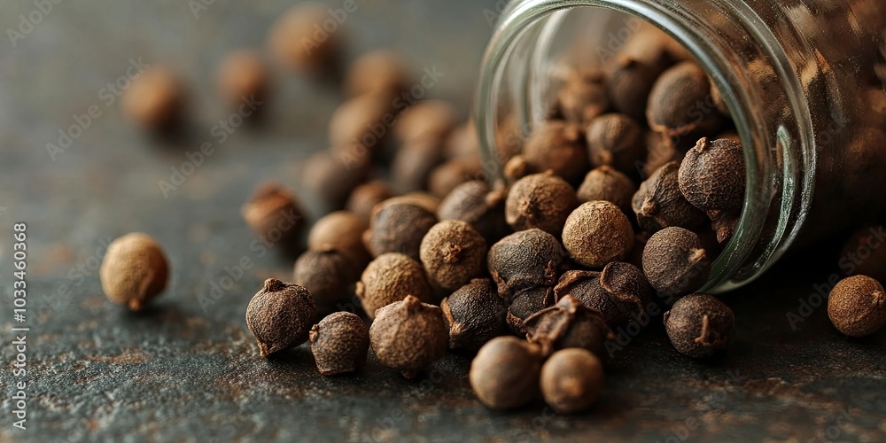 Poster Close-up image of entire allspice spilled from a jar.