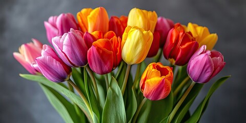 Naklejka premium A close-up soft focus of a bouquet of vibrant tulips against a gray background.
