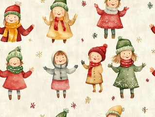 Fototapeta premium Vibrant and whimsical watercolor of a group of Christmas carolers dressed in light red and green outfits set against a soft beige seamless background