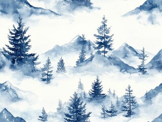Fototapeta premium Minimalist Watercolor Painting Depicting a Serene Winterscape with Snow Covered Mountain Peaks and Lush Pine Forests in Soft Blue and White Tones Creating a Calming and Ethereal Seamless Pattern
