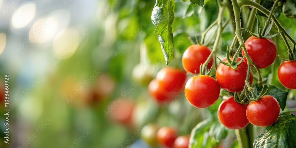 Poster tomatoes developing on a vine in a greenhouse. copyspace.