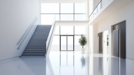 A clean, white, modern interior of an office building with a staircase, door, and window