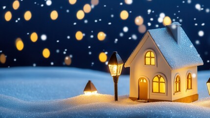 Fototapeta premium A cozy miniature house in a snowy landscape, illuminated by warm lights against a backdrop of softly falling snowflakes.