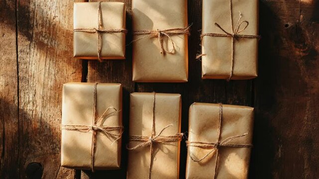 Rustic Brown Paper Wrapped Gifts on Wooden Surface