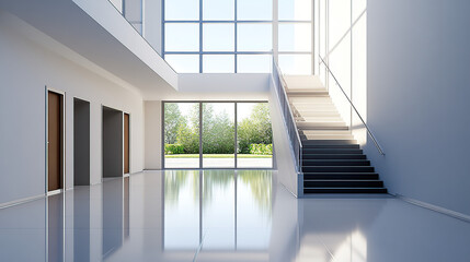 Obraz premium A clean, white, modern interior of an office building with a staircase, door, and window