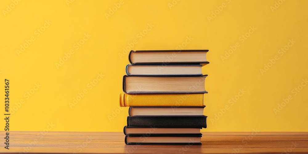 Aufkleber stack of books on a wooden table with a yellow background. copy space