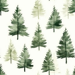 Obraz premium Serene and minimalist watercolor of a seamless pattern featuring various evergreen trees in muted soft green tones against a gentle beige background creating a calming natural landscape