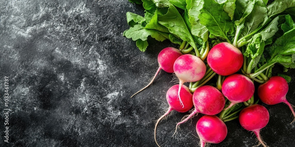 Poster a cluster of fresh radishes on the table in close-up. background features radishes from a top view. 