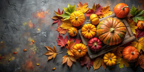 Fototapeta premium Autumn Harvest: Pumpkins on Podium Surrounded by Leaves - A Symbol of Halloween and Thanksgiving with Copy Space for Seasonal Decor and Marketing