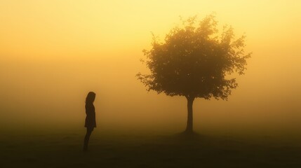 A silhouetted figure stands beside a solitary tree, shrouded in a golden mist, creating a serene and introspective atmosphere.