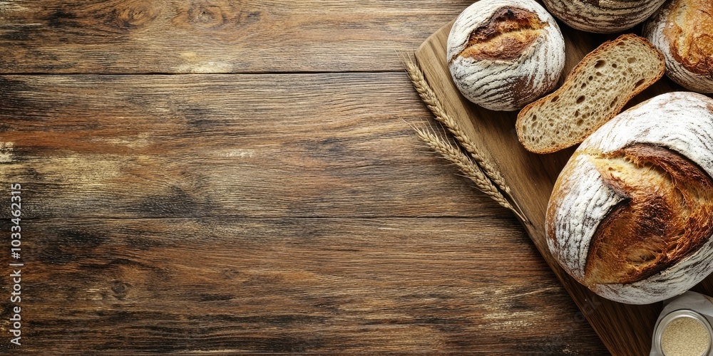 Poster fresh bread on a wooden table. top view with room for your text.