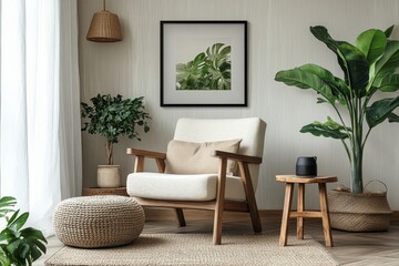 Fototapeta premium Stylish scandinavian composition of living room with design armchair, black mock up poster frame, carpet decor, wooden stool, decoration, loft wall and personal accessories in modern home