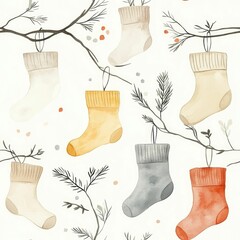 Minimalist of watercolor in soft pastel colors hanging from pine branches on a light background  creating a seamless  festive  and cozy winter pattern design