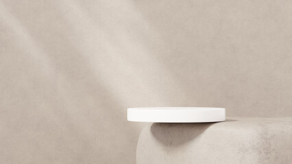 3D background with beige tones and a podium set, featuring a play of light and shadow. An abstract geometric composition in a minimalist design. designed as a fashion stage for showcasing mockup scene