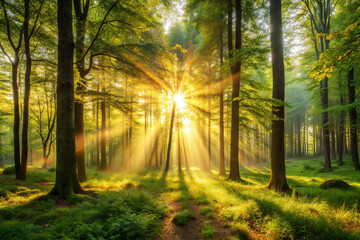 Obraz premium serene forest glade bathed in warm golden light as sunbeams filter through trees, creating tranquil and enchanting atmosphere