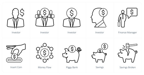 A set of 10 finance icons as investor, finance manager, insert coin