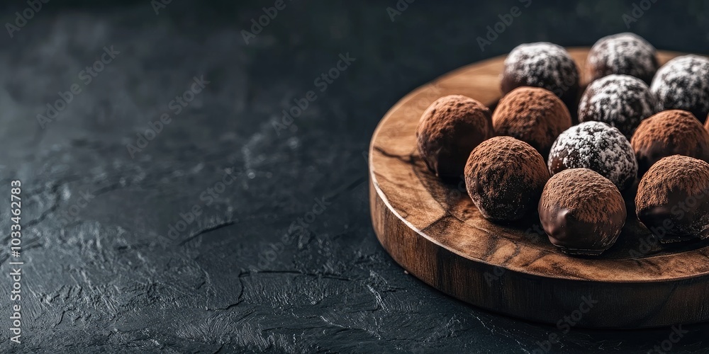 Poster Chocolate truffles with cocoa arranged on a wooden plate on a table against a dark background. Copy space.