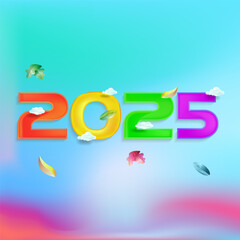 Happy New Year 2025 banner with rainbow and cheerful flowers illustration