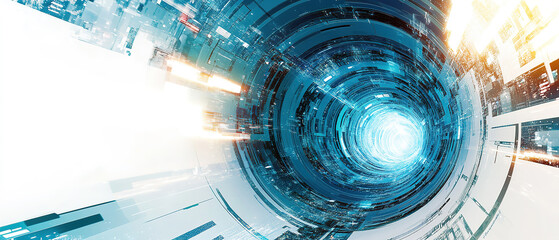 Abstract blue and white background with a central glowing circle and complex mechanical structures, suitable for promotional materials or advertisements related to technology or the web.