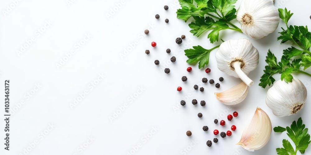 Poster Garlic accompanied by peppercorns and parsley, isolated on a white background with copy space for your text. Top view. Flat lay.