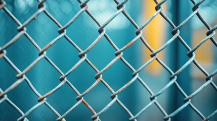 Fototapeta premium Close-up of a chain link fence with a blue background, showcasing the intricate pattern and texture of the metal links.