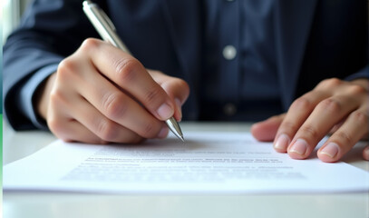 A close-up of a man's hand signing a business contract document. The pen is poised over the signature line
