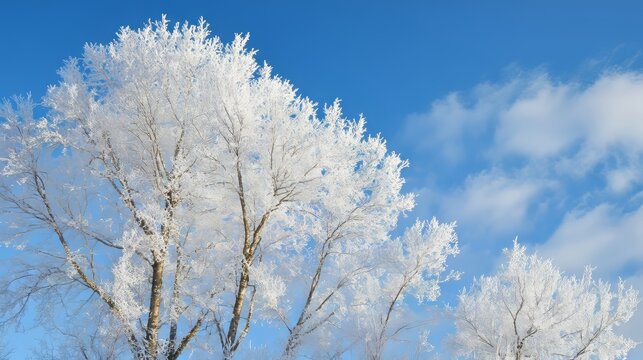 Scenic winter landscape with trees covered in hoarfrost and rime on a cold crisp day, featuring frosty branches sparkling in the sunlight against a clear blue sky, perfect for capturing the serene bea