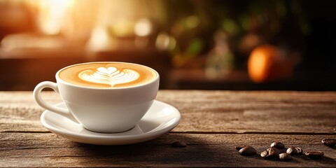 Obraz premium Hot cappuccino in a white cup placed on a wooden table with copyspace. The latte art on a coffee background.