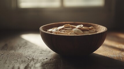 Bowl of raw pumpkin seeds on a rustic wooden table, highlighting their nutritional benefits and plant-based protein trends.