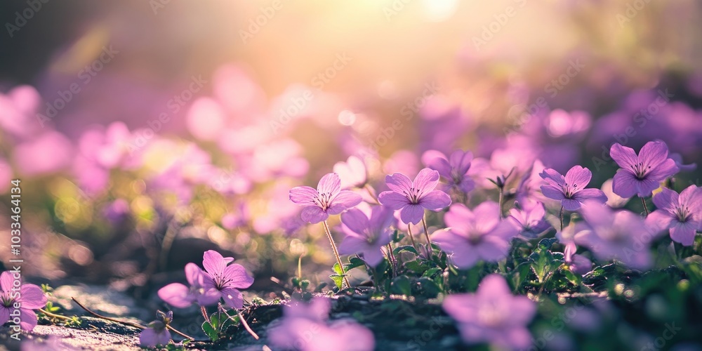 Poster Floral background for summer and spring. Vibrant artistic image with ample copy space. Close-up of spring flowers on the ground.