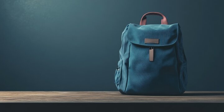 School bag rucksack backpack on an indoor table with an empty space background. School supplies.