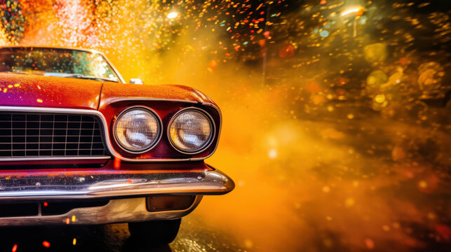 Vintage car surrounded by colorful sparks and smoke during a nighttime celebration on a city street