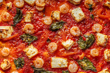 Pizza with seafood and basil close-up. Background.