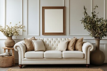 Fototapeta premium Elegant composition of living room interior with black desk, rattan armchair, vase with leaves, stylish sculpture, rack with books and personal accessories. Home decor, Generative AI