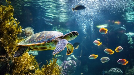 Obraz premium A sea turtle swims through a vibrant coral reef, surrounded by colorful fish, in an aquarium.