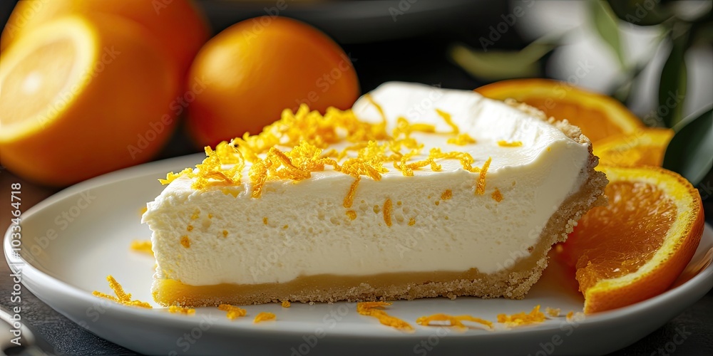 Poster Closeup of a slice of orange chiffon ice box pie in selective focus with a shallow depth of field. It is garnished with orange zest and surrounded by citrus fruits.