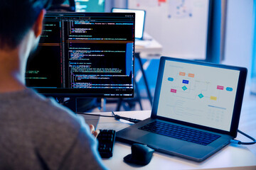 Indian software development working on coding  computer screen and flowchart at night in modern office
