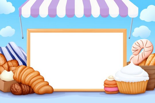 Colorful bakery scene with various pastries and a blank sign, perfect for inviting customers and promoting delicious treats.