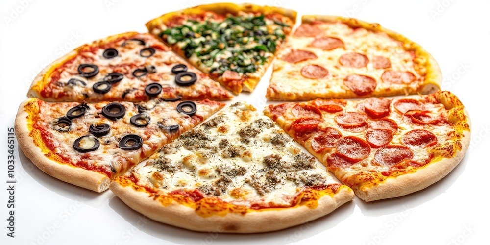 Poster assorted pizzas isolated on a white background.