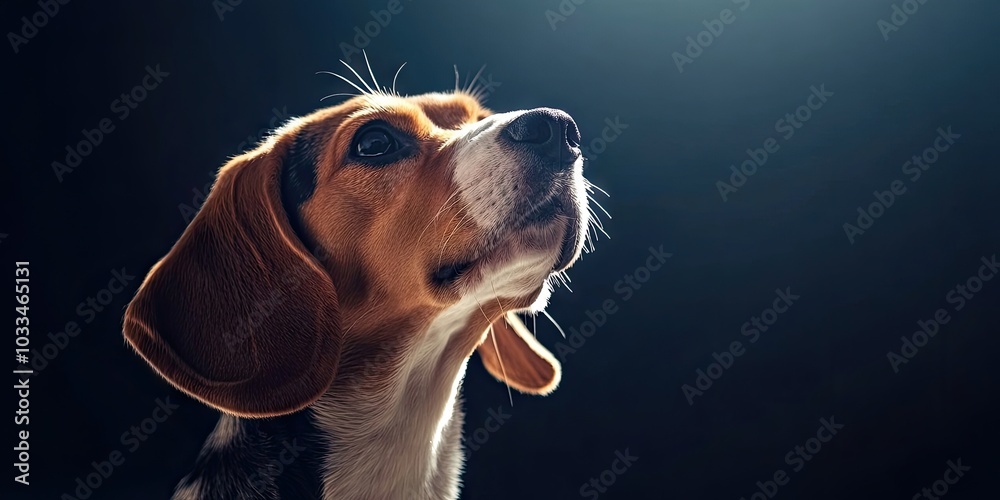 Poster beautiful portrait of a beagle dog on a dark background with copy space, close-up. the beagle is a s