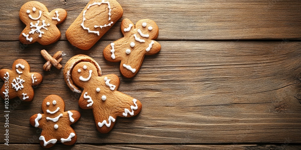 Aufkleber gingerbread cookies on a wooden surface. copy space. top view.
