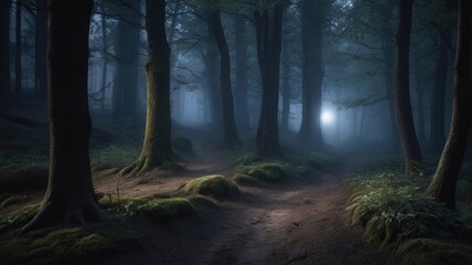 Dark Mysterious forest with a path with fog