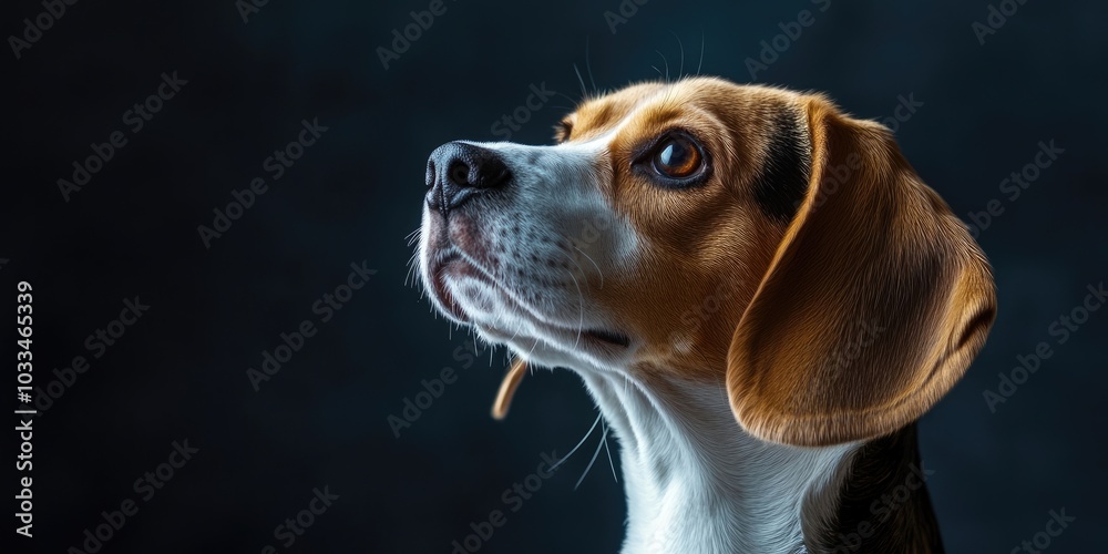 Poster beautiful portrait of a beagle dog on a dark background with copy space, close-up. the beagle is a s