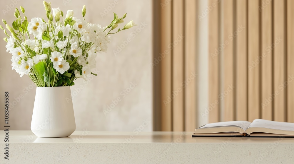 Sticker A modern tabletop arrangement with fresh flowers in a vase next to an open book in a serene indoor space