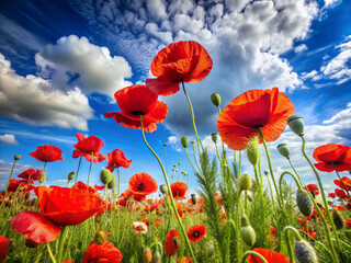 Naklejka premium Vibrant red poppy flowers sway gently in soft wind under bright blue sky filled with fluffy clouds, creating picturesque and serene landscape