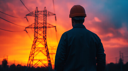 A worker in a hard hat gazes at an electrical tower against a stunning sunset, signifying dedication and the energy sector's importance.