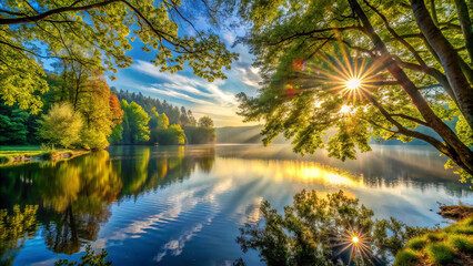 serene lakefront scene unfolds beneath radiant sunbeams filtering through lush trees, creating tranquil atmosphere. reflections on water enhance beauty of nature