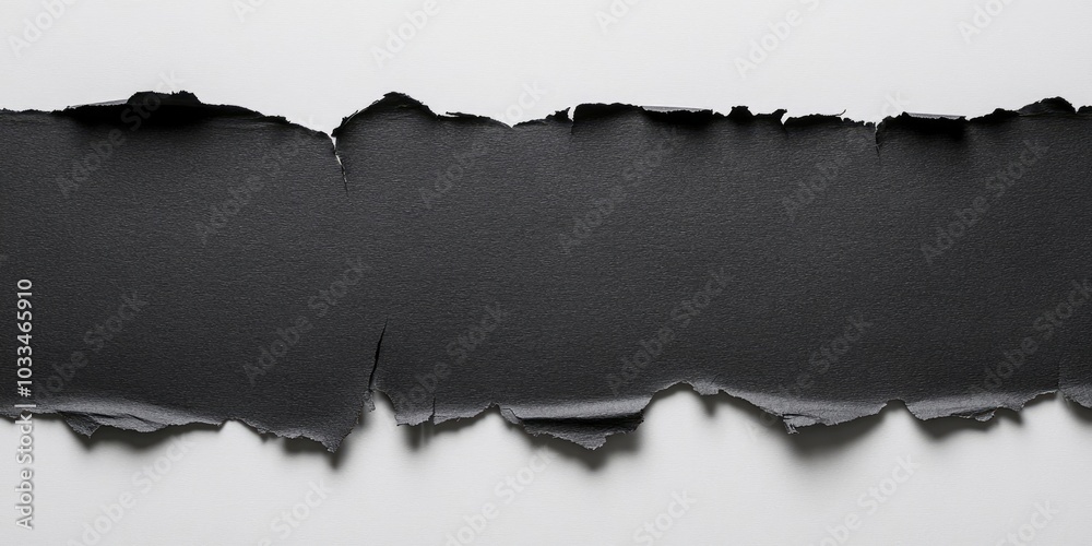 Poster black paper with ripped edges set against a white paper background. the texture of the paper is good