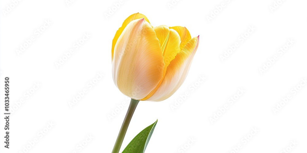 Aufkleber close-up of an isolated yellow tulip on a white background in a studio.