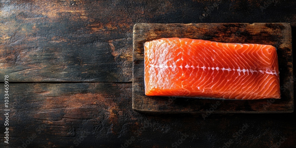 Poster raw salmon fish red steak fillet seafood portion copy space for text pescatarian diet background rus